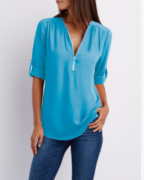 Large Size  Long Sleeve Loose V-neck Shirt